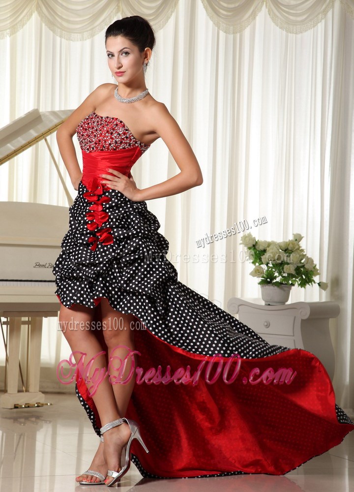 Specialized Polka Dot and Pick-ups Accent High-low Beaded Prom Gowns in Wine Red