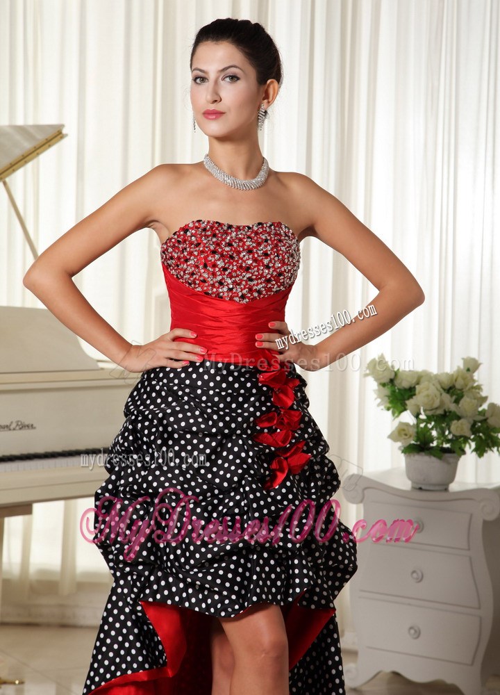 Specialized Polka Dot and Pick-ups Accent High-low Beaded Prom Gowns in Wine Red