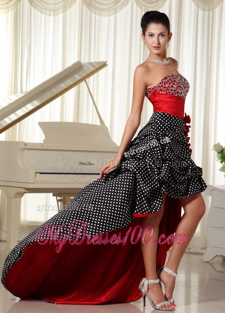 Specialized Polka Dot and Pick-ups Accent High-low Beaded Prom Gowns in Wine Red