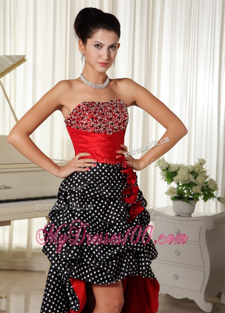 Specialized Polka Dot and Pick-ups Accent High-low Beaded Prom Gowns in Wine Red