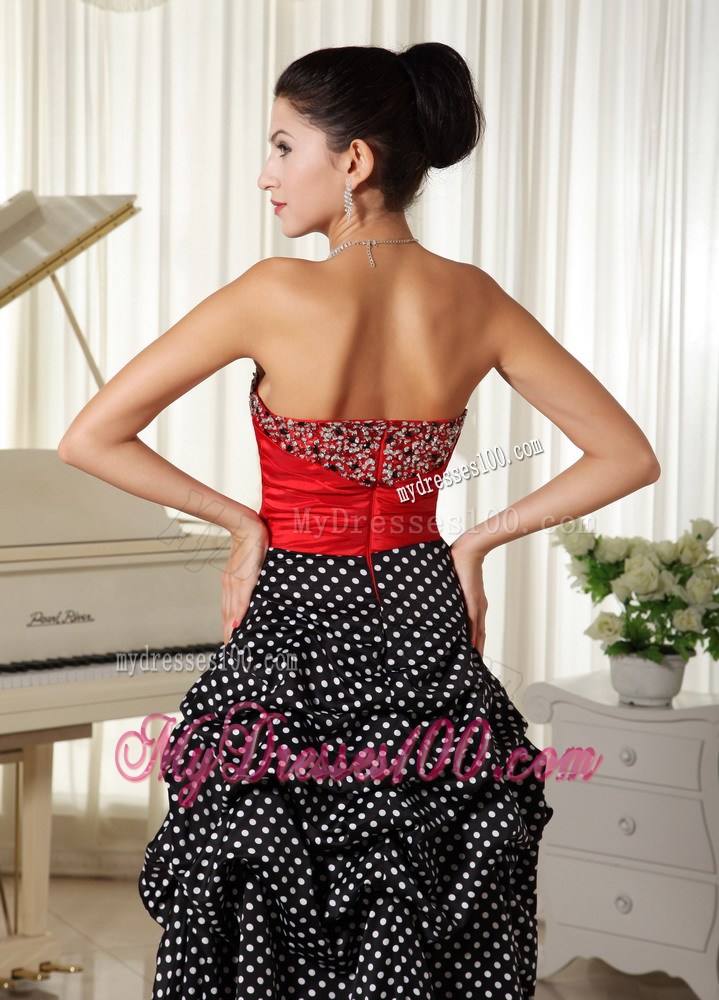 Specialized Polka Dot and Pick-ups Accent High-low Beaded Prom Gowns in Wine Red