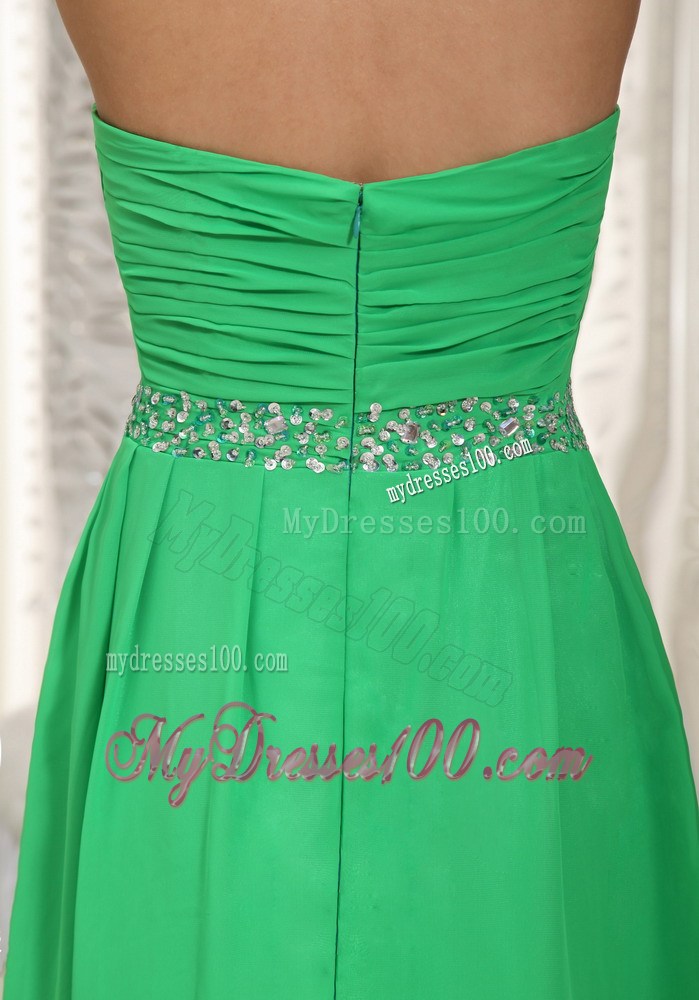 Spring Green Empire Beaded and Ruched Chiffon Prom Gown of Floor-length