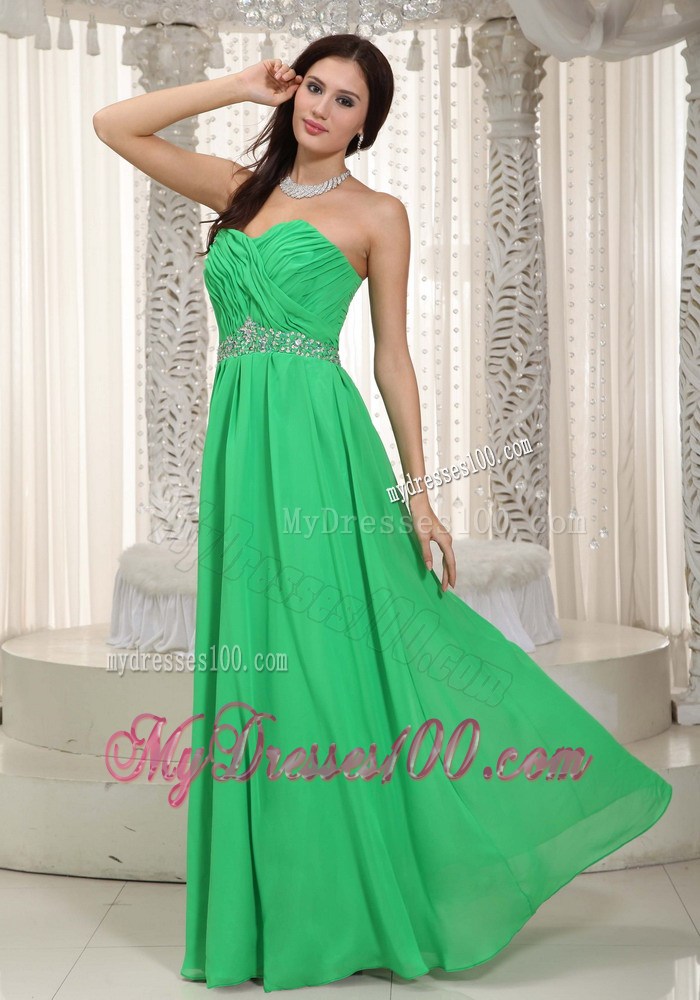 Spring Green Empire Beaded and Ruched Chiffon Prom Gown of Floor-length