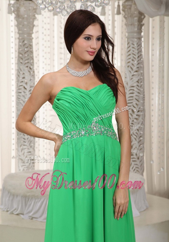 Spring Green Empire Beaded and Ruched Chiffon Prom Gown of Floor-length