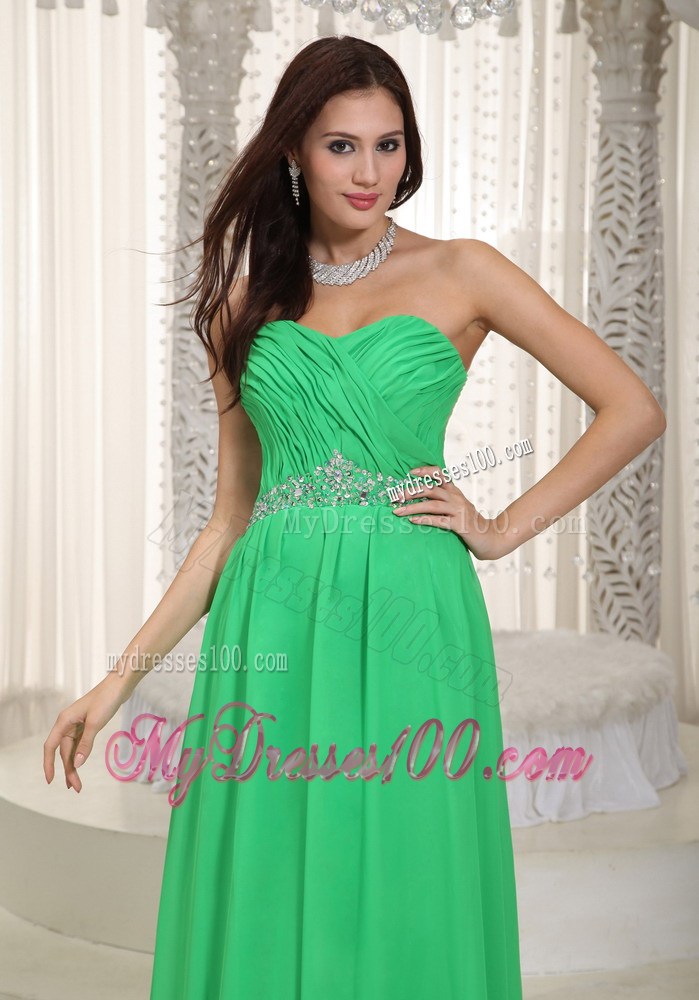 Spring Green Empire Beaded and Ruched Chiffon Prom Gown of Floor-length