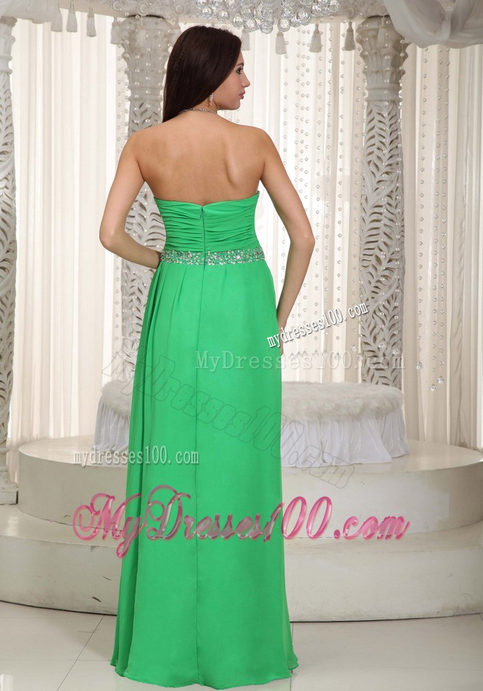 Spring Green Empire Beaded and Ruched Chiffon Prom Gown of Floor-length
