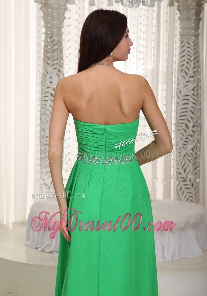Spring Green Empire Beaded and Ruched Chiffon Prom Gown of Floor-length