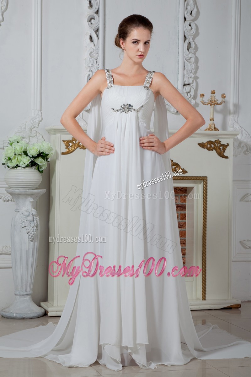 Beaded Straps and Waist White Chiffon Prom Dresses with Pleats and Watteau Train