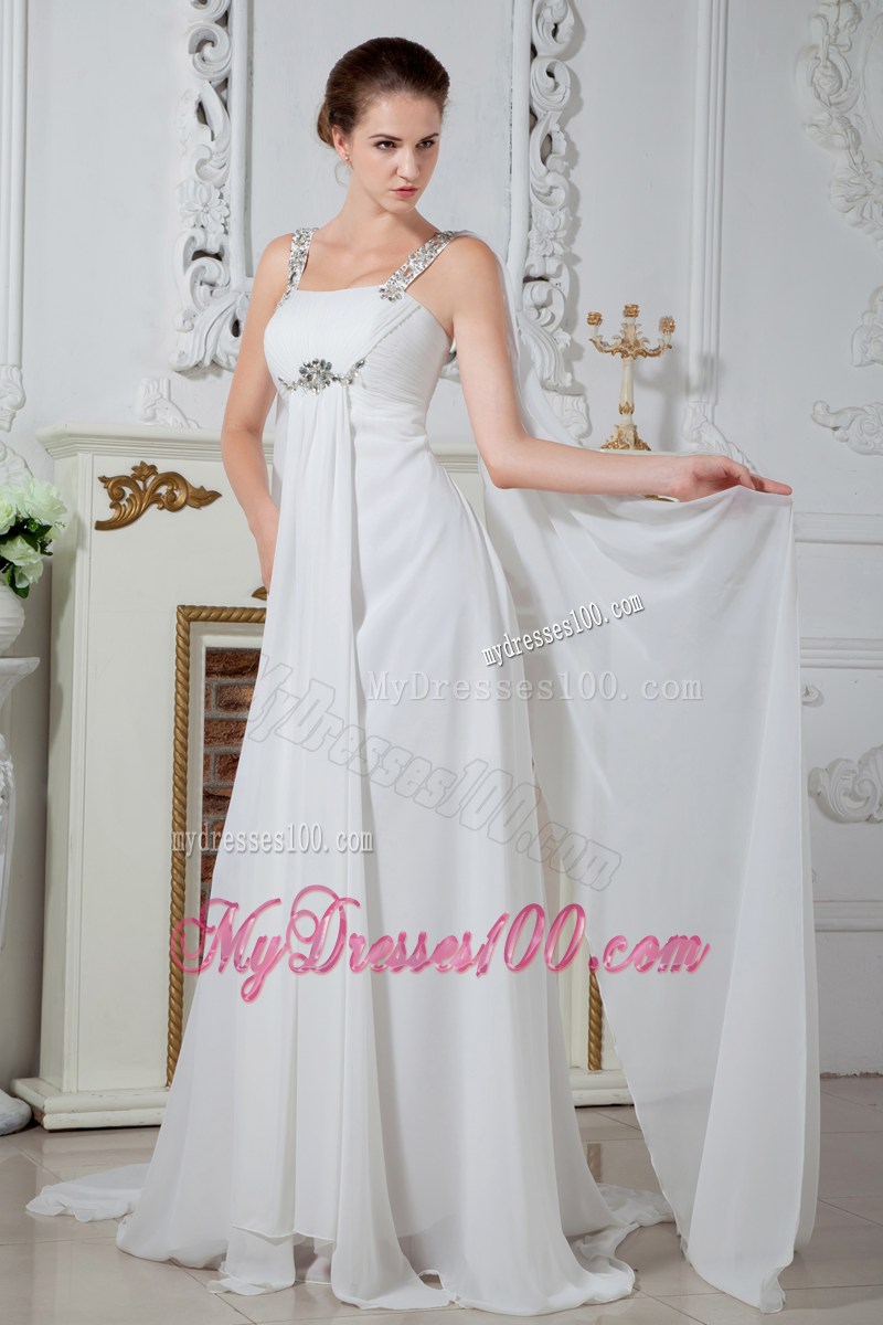 Beaded Straps and Waist White Chiffon Prom Dresses with Pleats and Watteau Train