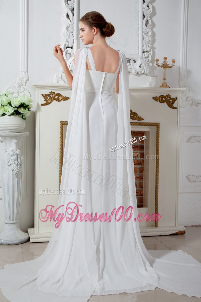 Beaded Straps and Waist White Chiffon Prom Dresses with Pleats and Watteau Train