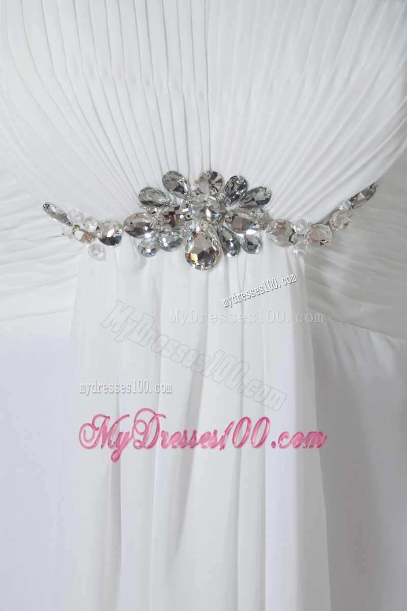 Beaded Straps and Waist White Chiffon Prom Dresses with Pleats and Watteau Train
