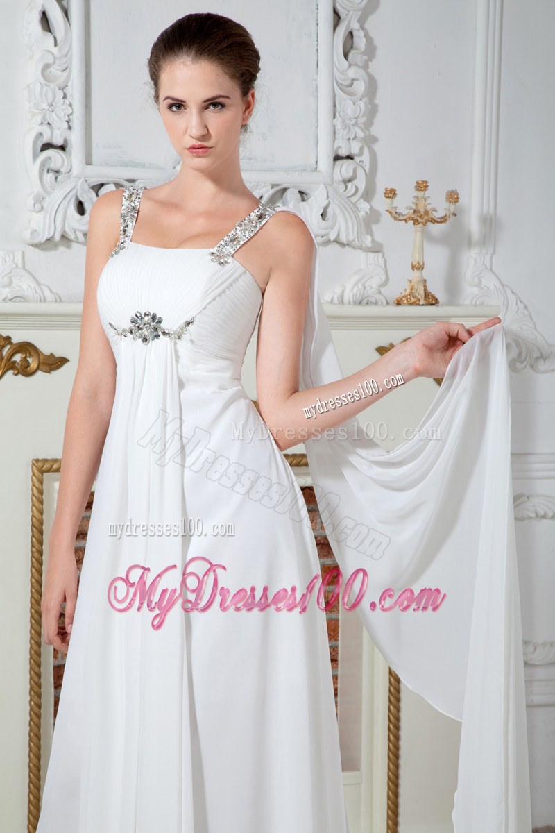 Beaded Straps and Waist White Chiffon Prom Dresses with Pleats and Watteau Train