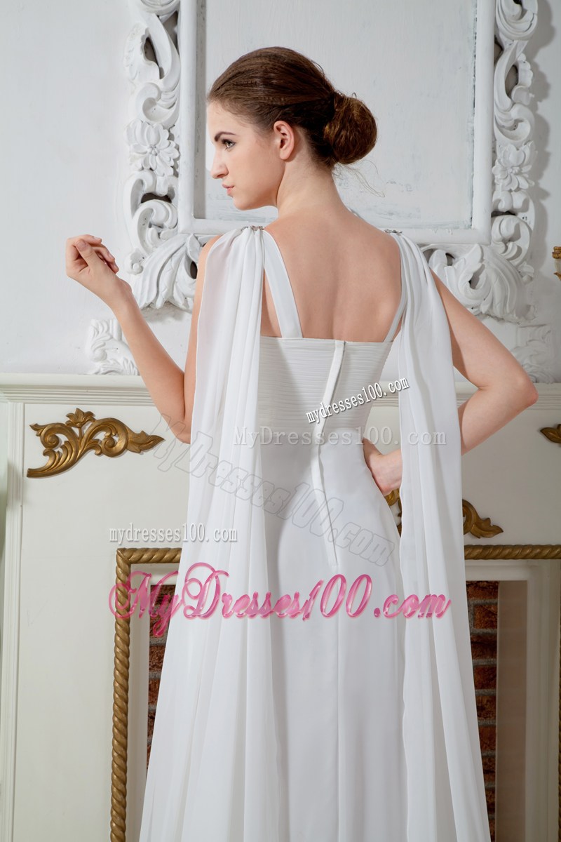 Beaded Straps and Waist White Chiffon Prom Dresses with Pleats and Watteau Train