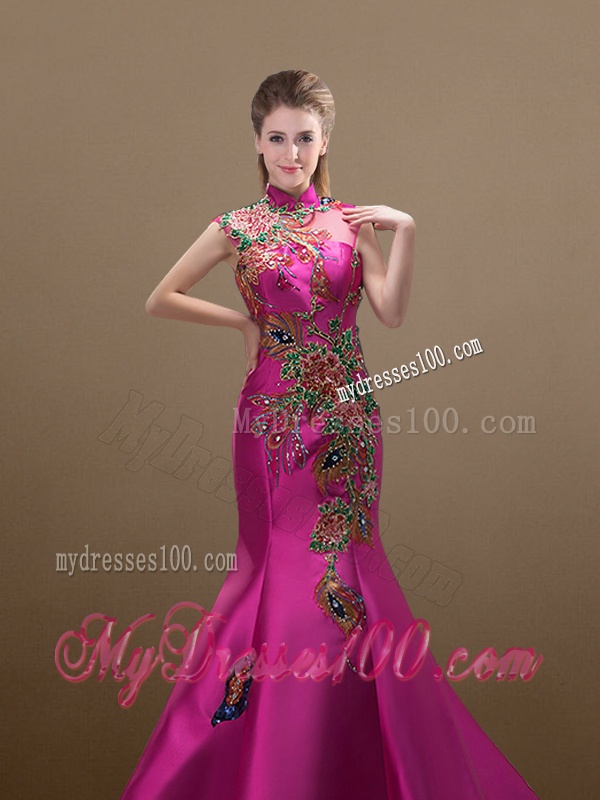 2016 New Style Mermaid Brush Train Evening Dresses with Appliques and Beading