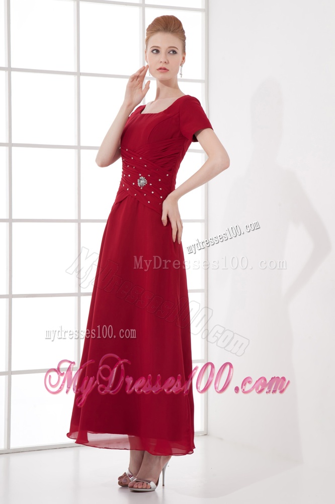 A-line Burgundy Ankle-Length Chiffon Beading and Ruching Evening Dress