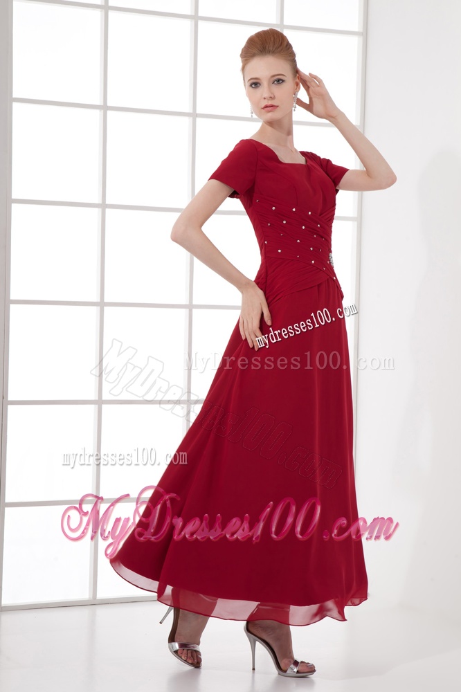 A-line Burgundy Ankle-Length Chiffon Beading and Ruching Evening Dress