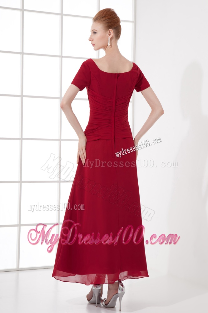 A-line Burgundy Ankle-Length Chiffon Beading and Ruching Evening Dress