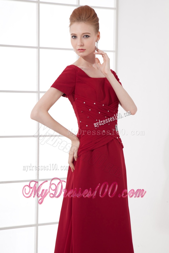 A-line Burgundy Ankle-Length Chiffon Beading and Ruching Evening Dress