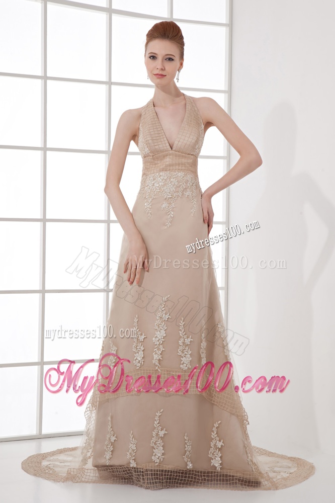 A-line Champagne Halter Top Neck Appliques Backless Court Train Evening Dress