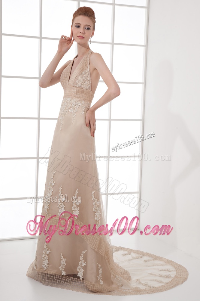 A-line Champagne Halter Top Neck Appliques Backless Court Train Evening Dress