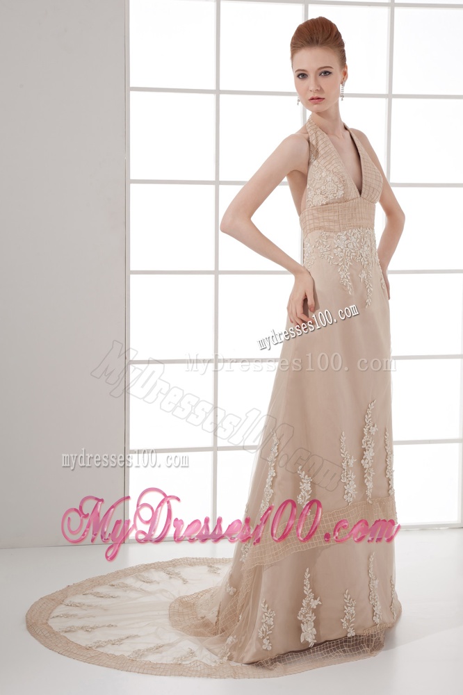A-line Champagne Halter Top Neck Appliques Backless Court Train Evening Dress