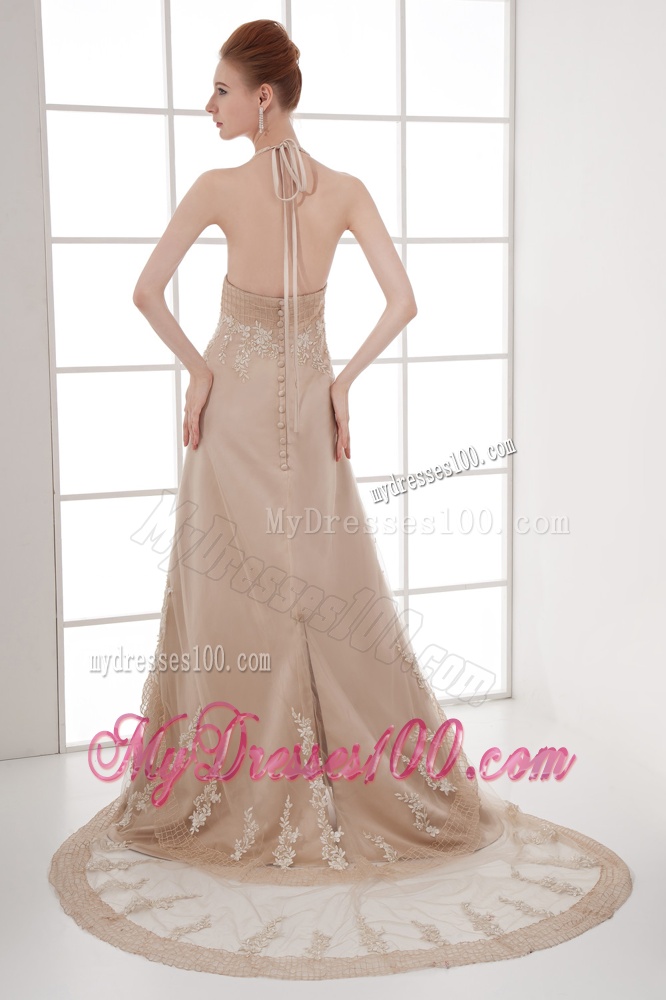 A-line Champagne Halter Top Neck Appliques Backless Court Train Evening Dress
