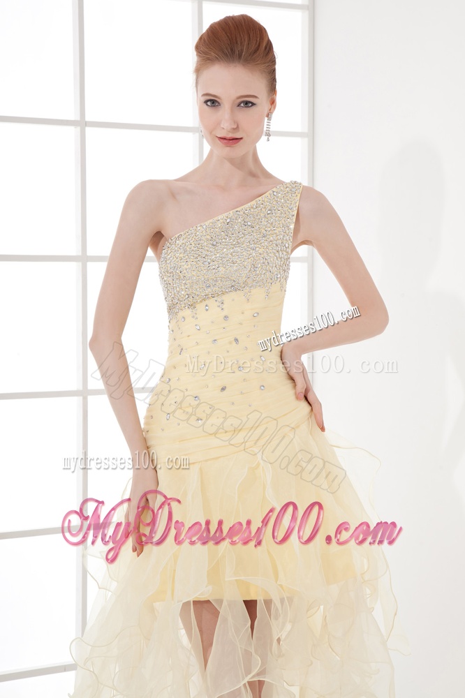 A-line One Shoulder High-low Ruchings Beading Organza Light Yellow Evening Dress