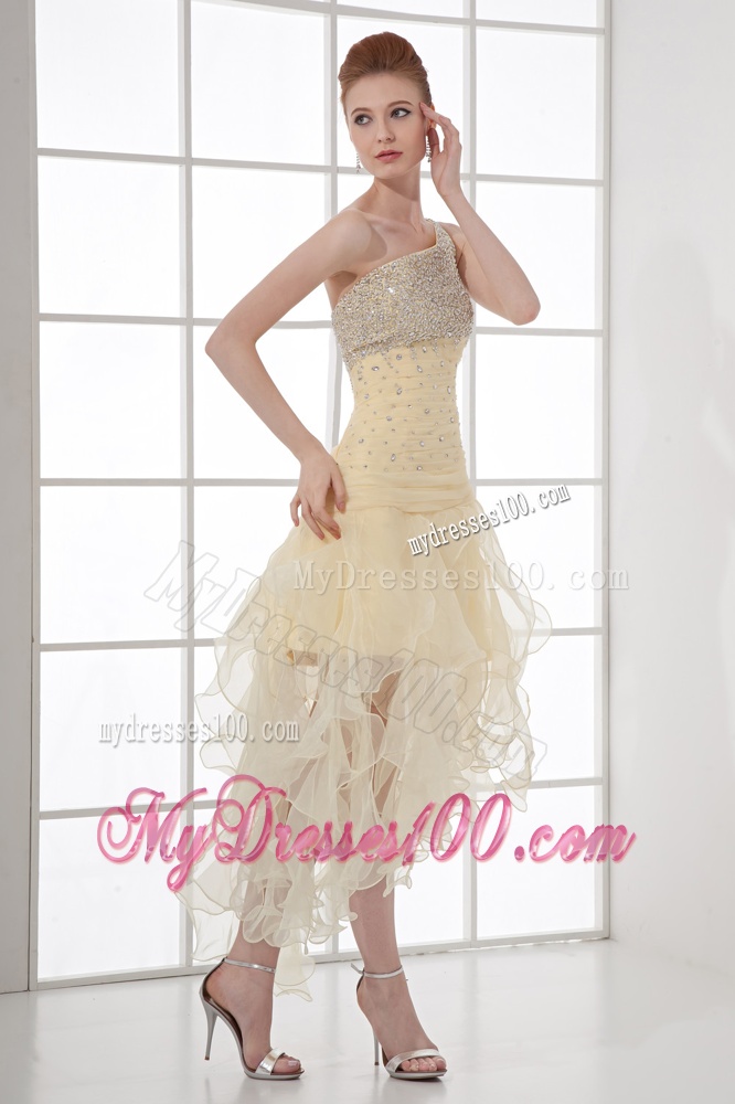 A-line One Shoulder High-low Ruchings Beading Organza Light Yellow Evening Dress