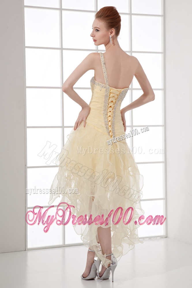 A-line One Shoulder High-low Ruchings Beading Organza Light Yellow Evening Dress