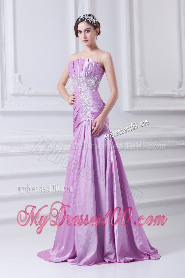 A-line Strapless Lilac Taffeta Appliques with Beading Evening Dress