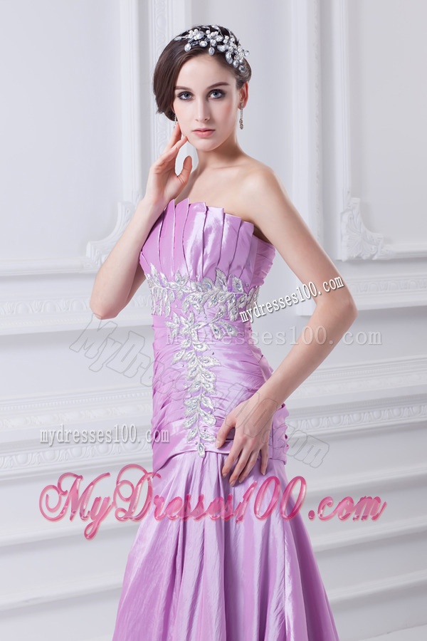 A-line Strapless Lilac Taffeta Appliques with Beading Evening Dress