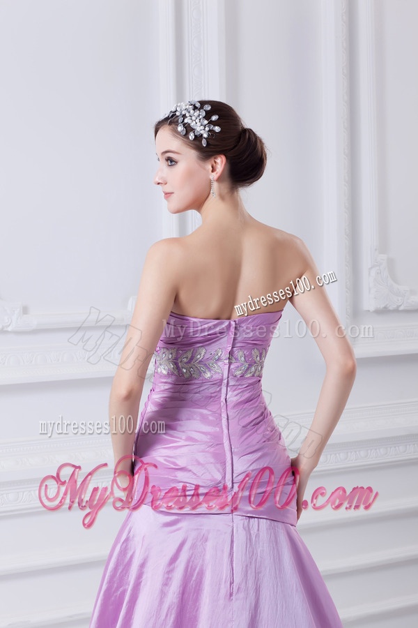 A-line Strapless Lilac Taffeta Appliques with Beading Evening Dress