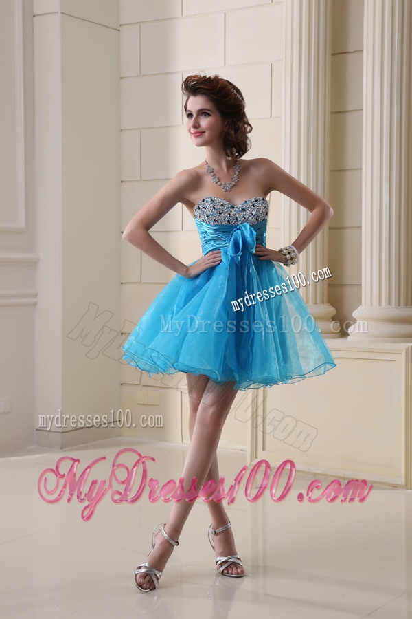 A-line Sweetheart Organza Ruching Mini-length Evening Dress in Baby Blue