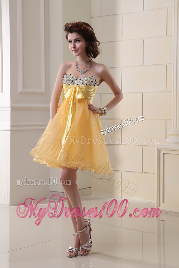 A-line Sweetheart Organza Ruching Mini-length Evening Dress in Gold