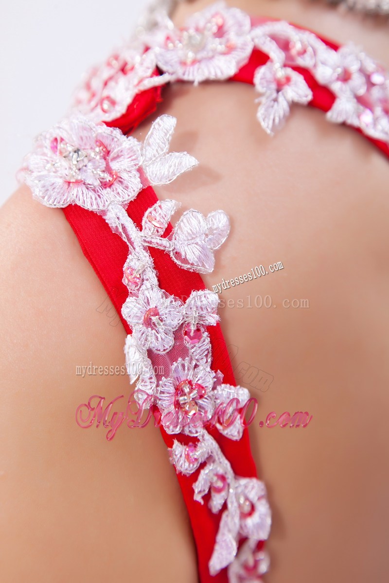 Court Train Red Chiffon Prom Dresses with Appliques Accent on One Shoulder