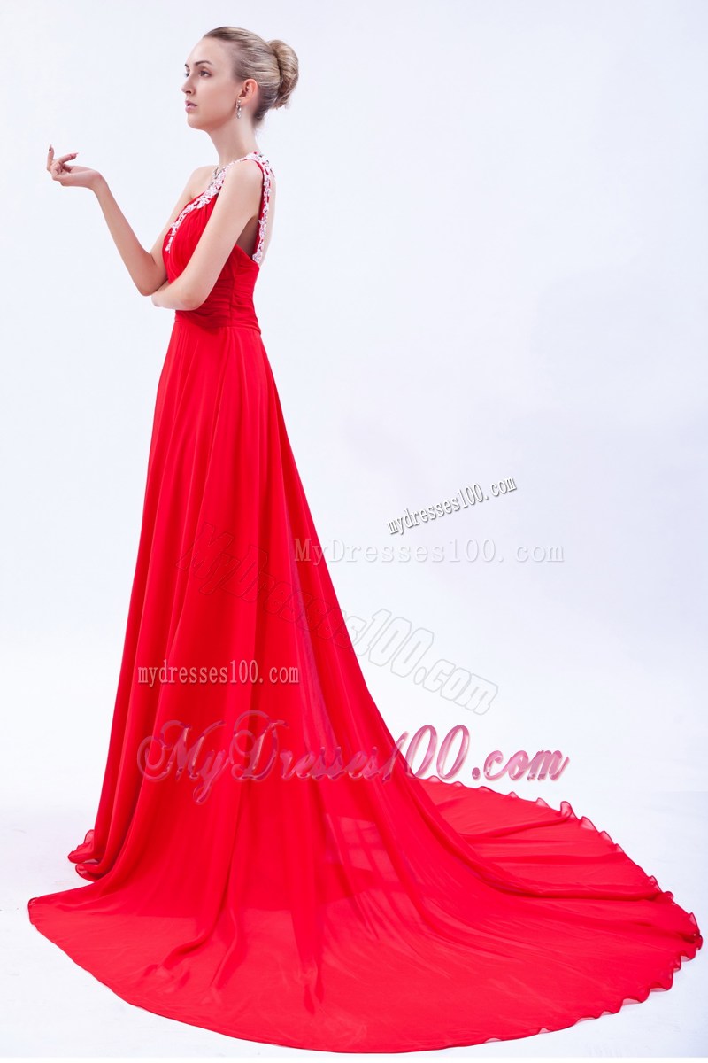 Court Train Red Chiffon Prom Dresses with Appliques Accent on One Shoulder