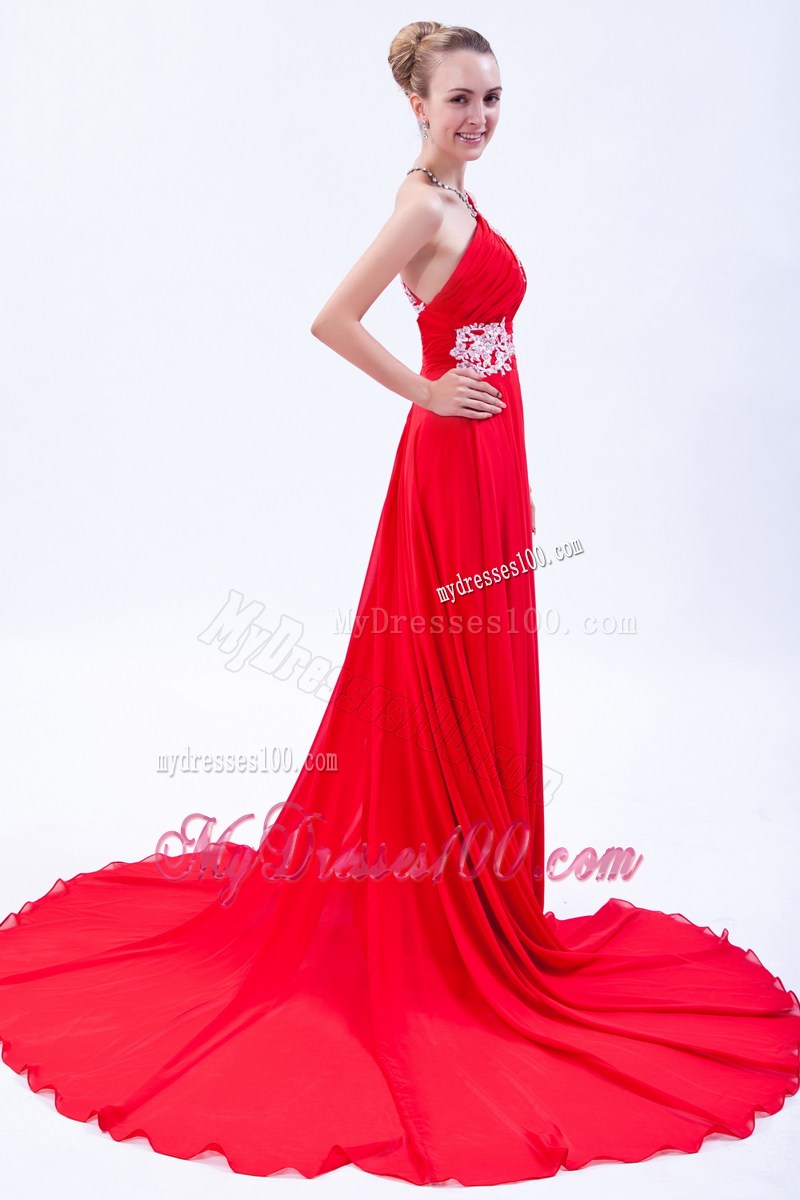 Court Train Red Chiffon Prom Dresses with Appliques Accent on One Shoulder