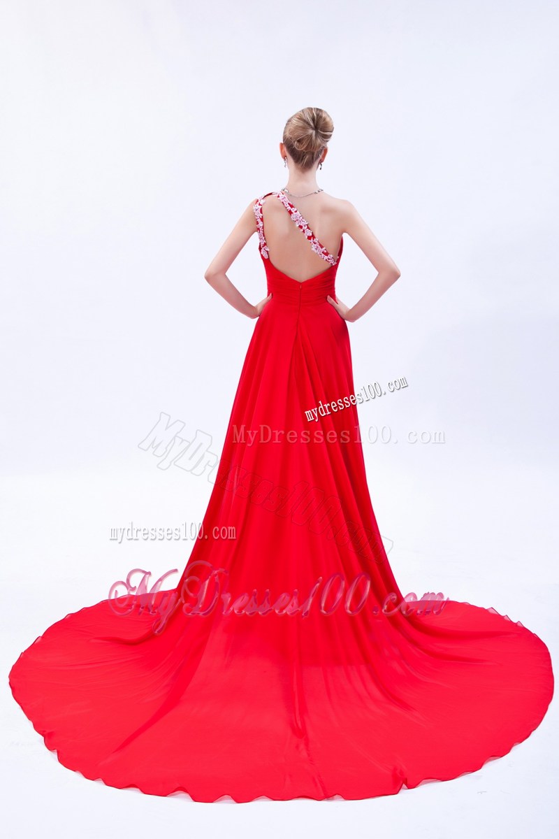 Court Train Red Chiffon Prom Dresses with Appliques Accent on One Shoulder