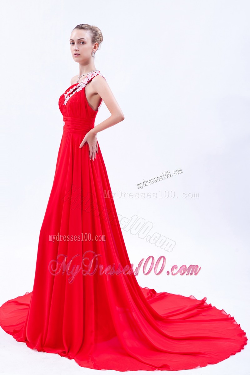 Court Train Red Chiffon Prom Dresses with Appliques Accent on One Shoulder