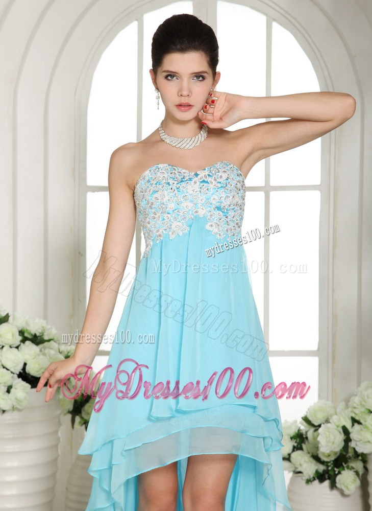 Zipper-Up Back High-low Aqua Blue Chiffon Prom Gowns with Beading and Layers
