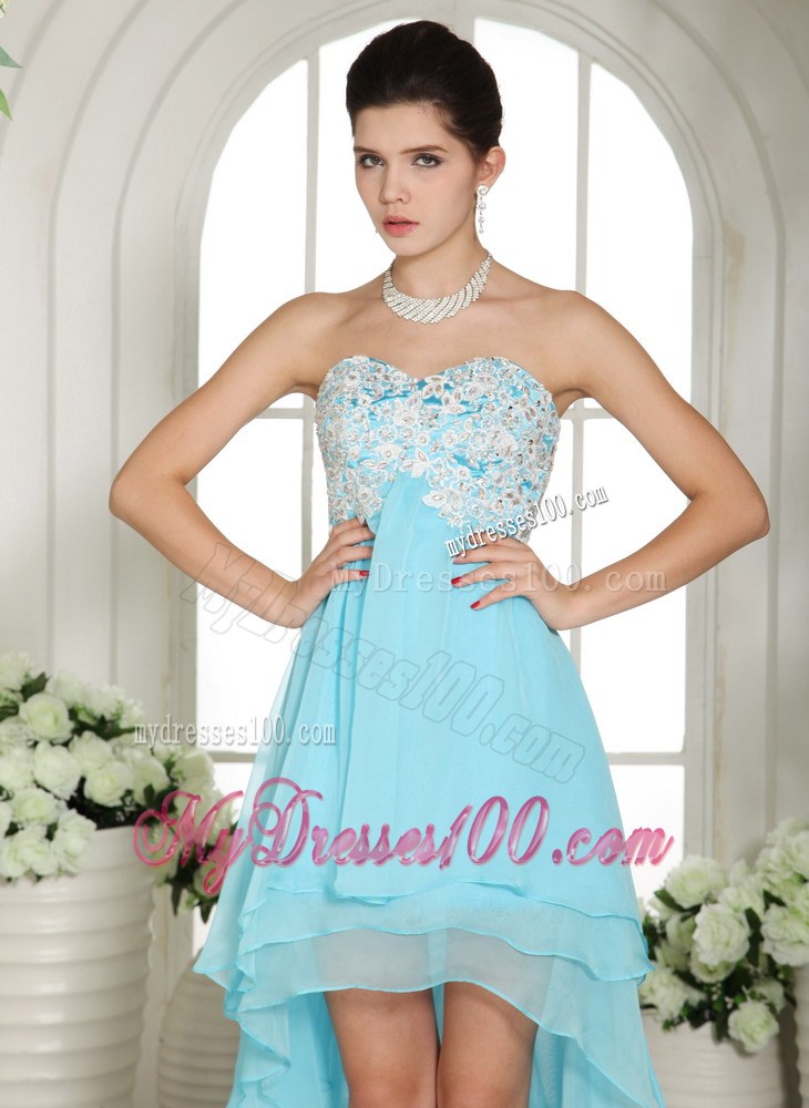 Zipper-Up Back High-low Aqua Blue Chiffon Prom Gowns with Beading and Layers