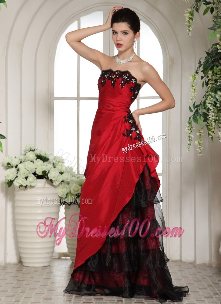 Wine Red and Black A-line Long Gowns for Prom with Appliques and Layers