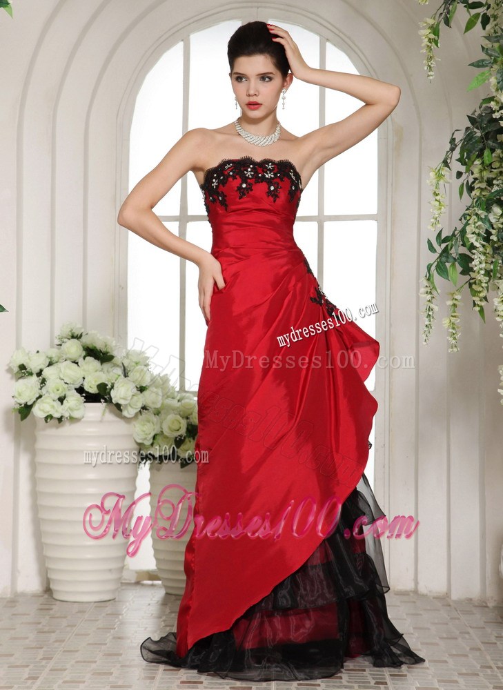 Wine Red and Black A-line Long Gowns for Prom with Appliques and Layers