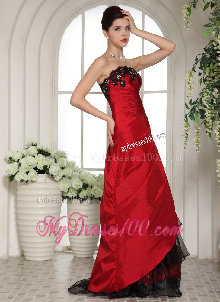 Wine Red and Black A-line Long Gowns for Prom with Appliques and Layers