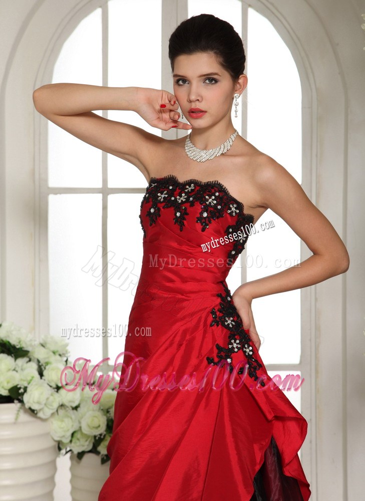 Wine Red and Black A-line Long Gowns for Prom with Appliques and Layers