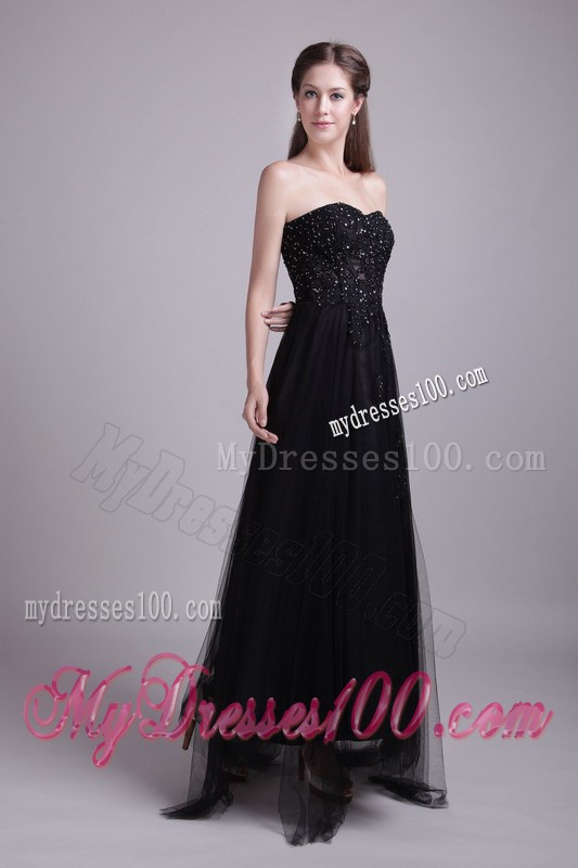Strapless Appliqued Black Tulle Empire Gowns for Prom of Ankle-length