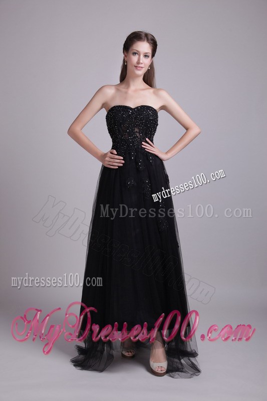 Strapless Appliqued Black Tulle Empire Gowns for Prom of Ankle-length