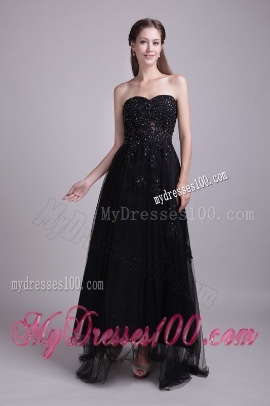 Strapless Appliqued Black Tulle Empire Gowns for Prom of Ankle-length
