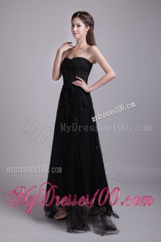 Strapless Appliqued Black Tulle Empire Gowns for Prom of Ankle-length