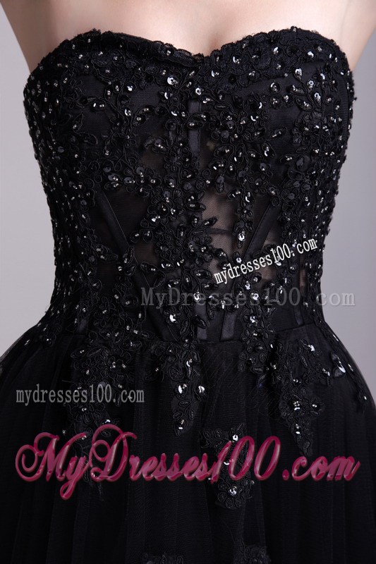 Strapless Appliqued Black Tulle Empire Gowns for Prom of Ankle-length